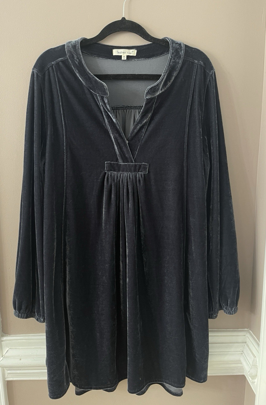 Indigo Soul Tunic Dress Womens 2XL Gray Velvet Long Sleeve Boho Whimsigoth